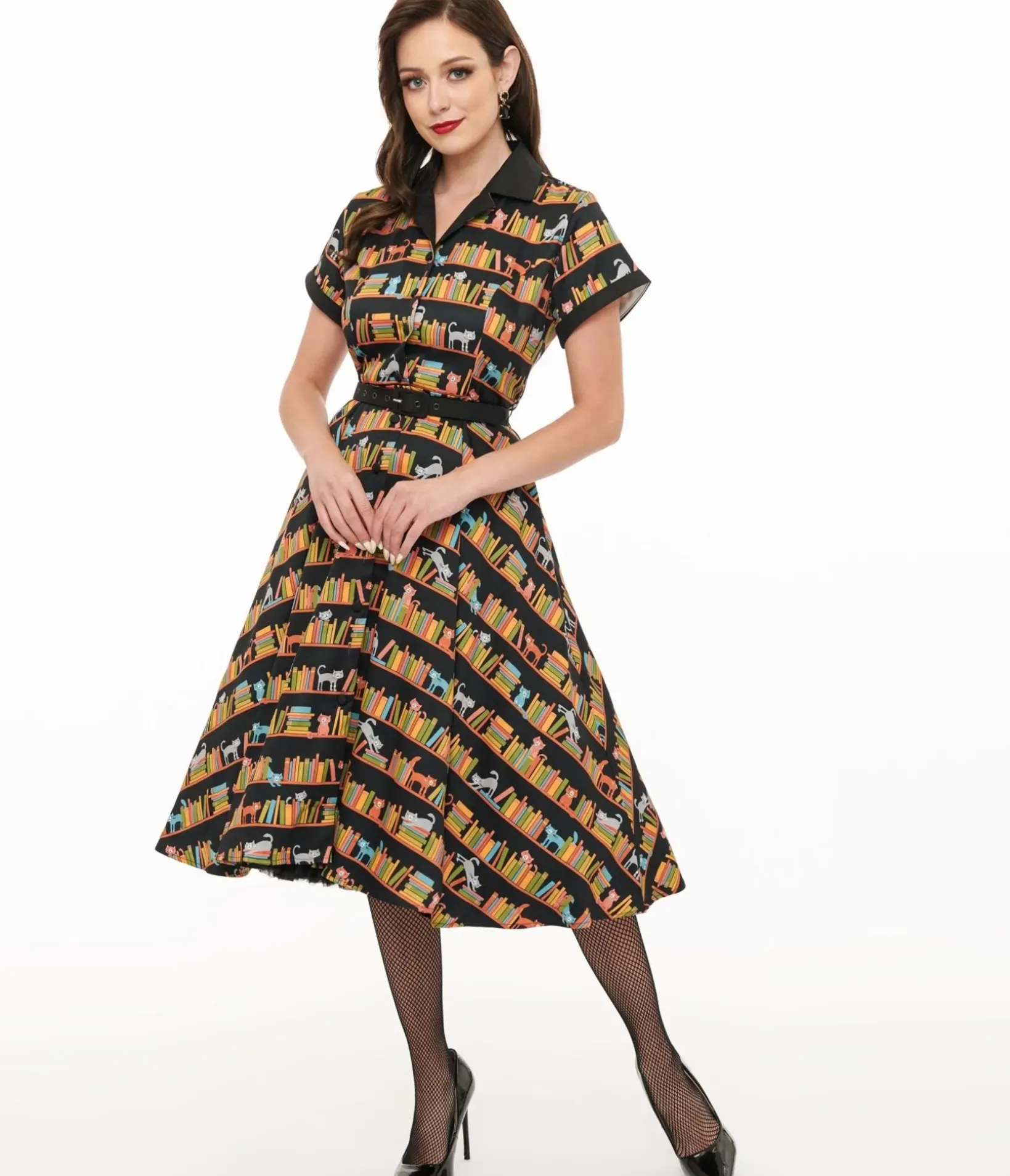 Unique Vintage Swing|Pocket Dresses>1950s Cat & Bookshelf Print Alexis Swing Dress