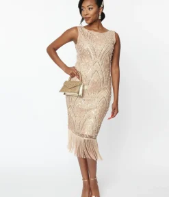 Unique Vintage Everyday Dresses|Special Occasion>1920s Champagne Sequin & Pearl Sleeveless Flapper Dress