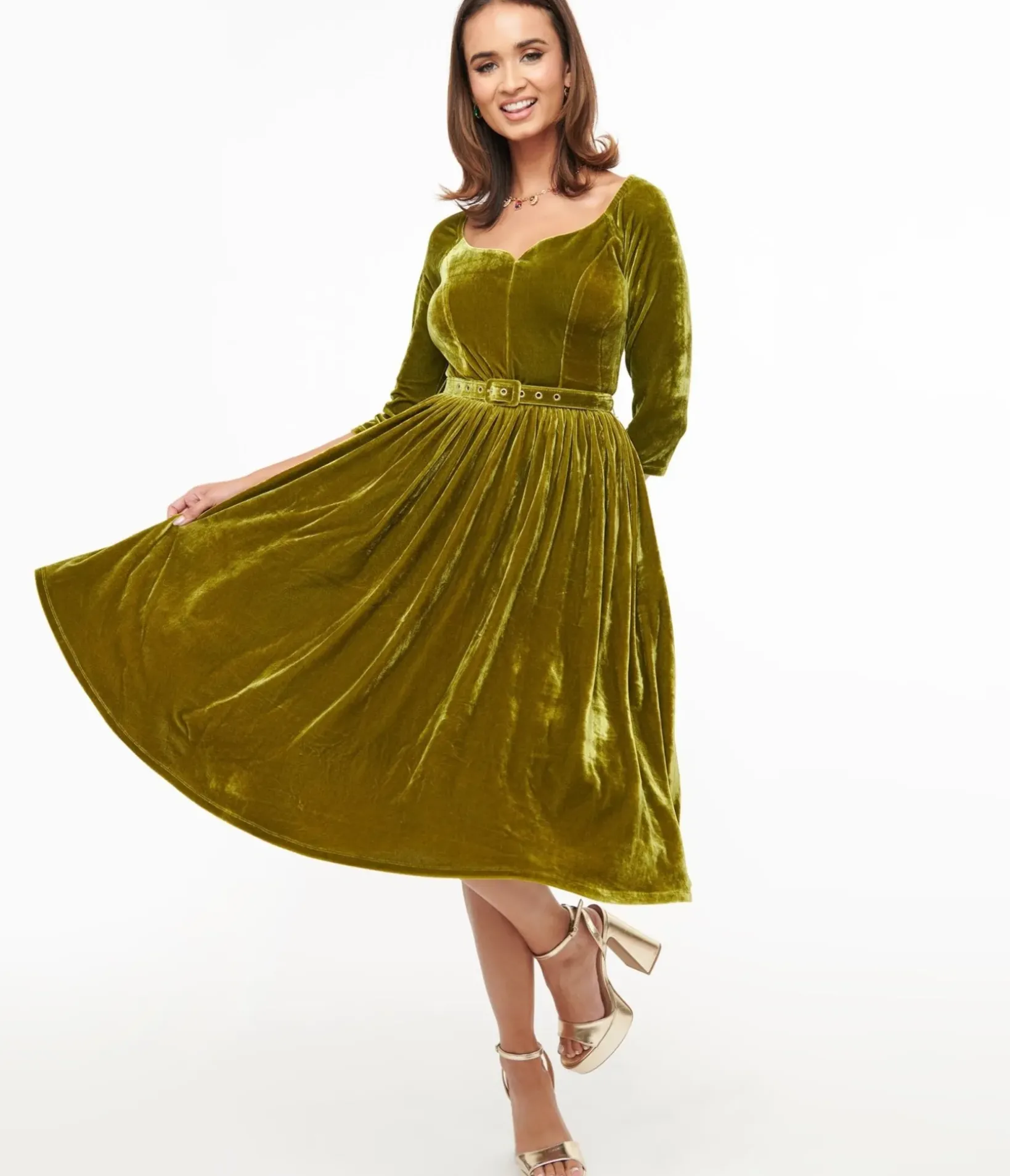 Unique Vintage Swing|Pocket Dresses>1950s Chartreuse Velvet Sweetheart Swing Dress