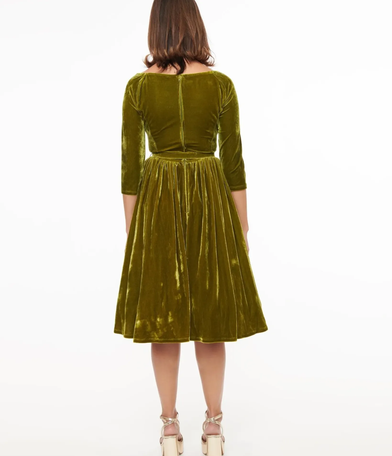 Unique Vintage Swing|Pocket Dresses>1950s Chartreuse Velvet Sweetheart Swing Dress