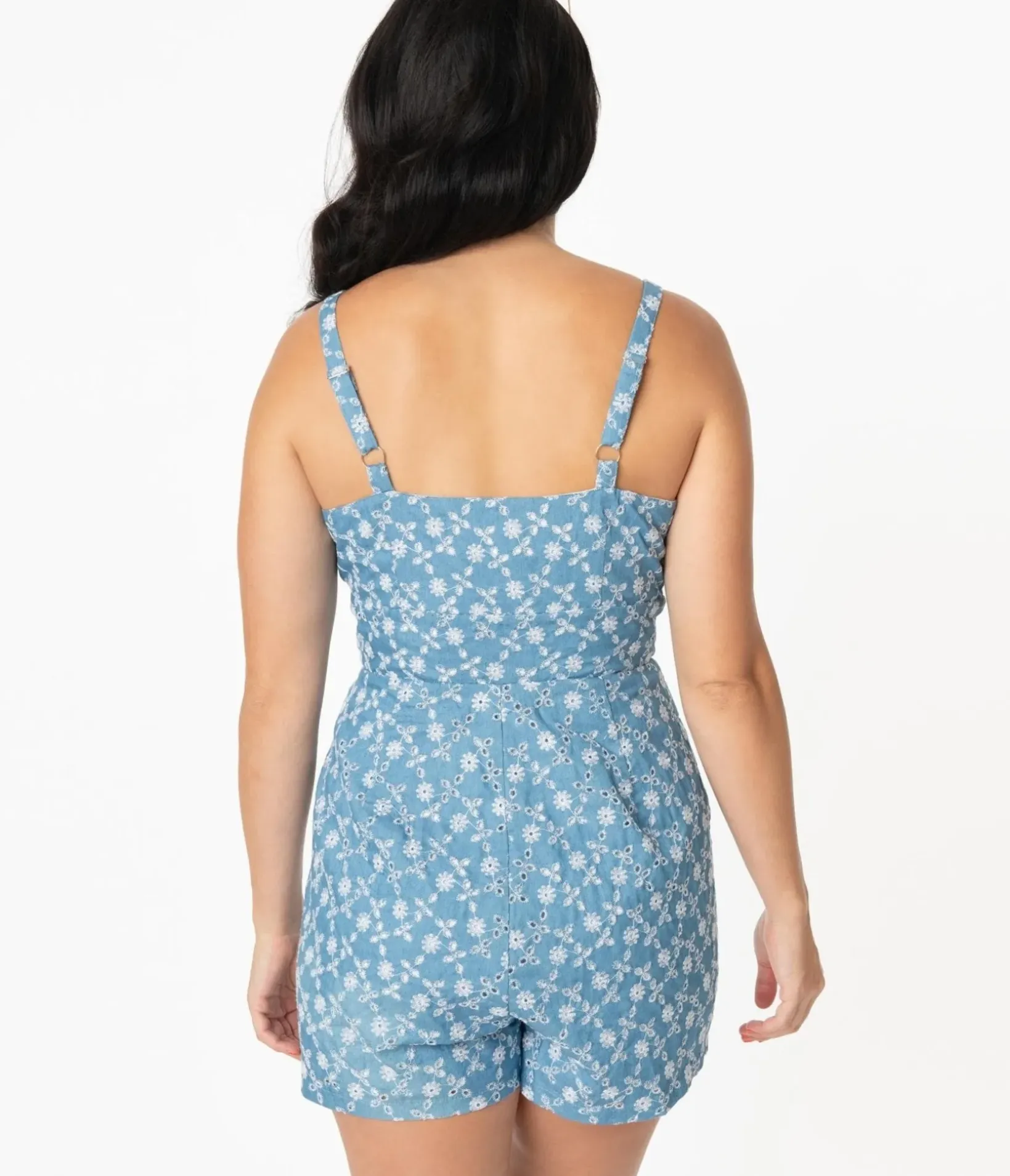 Unique Vintage Rompers & Jumpsuits>1960s Cotton Chambray Floral Eyelet Hayward Romper