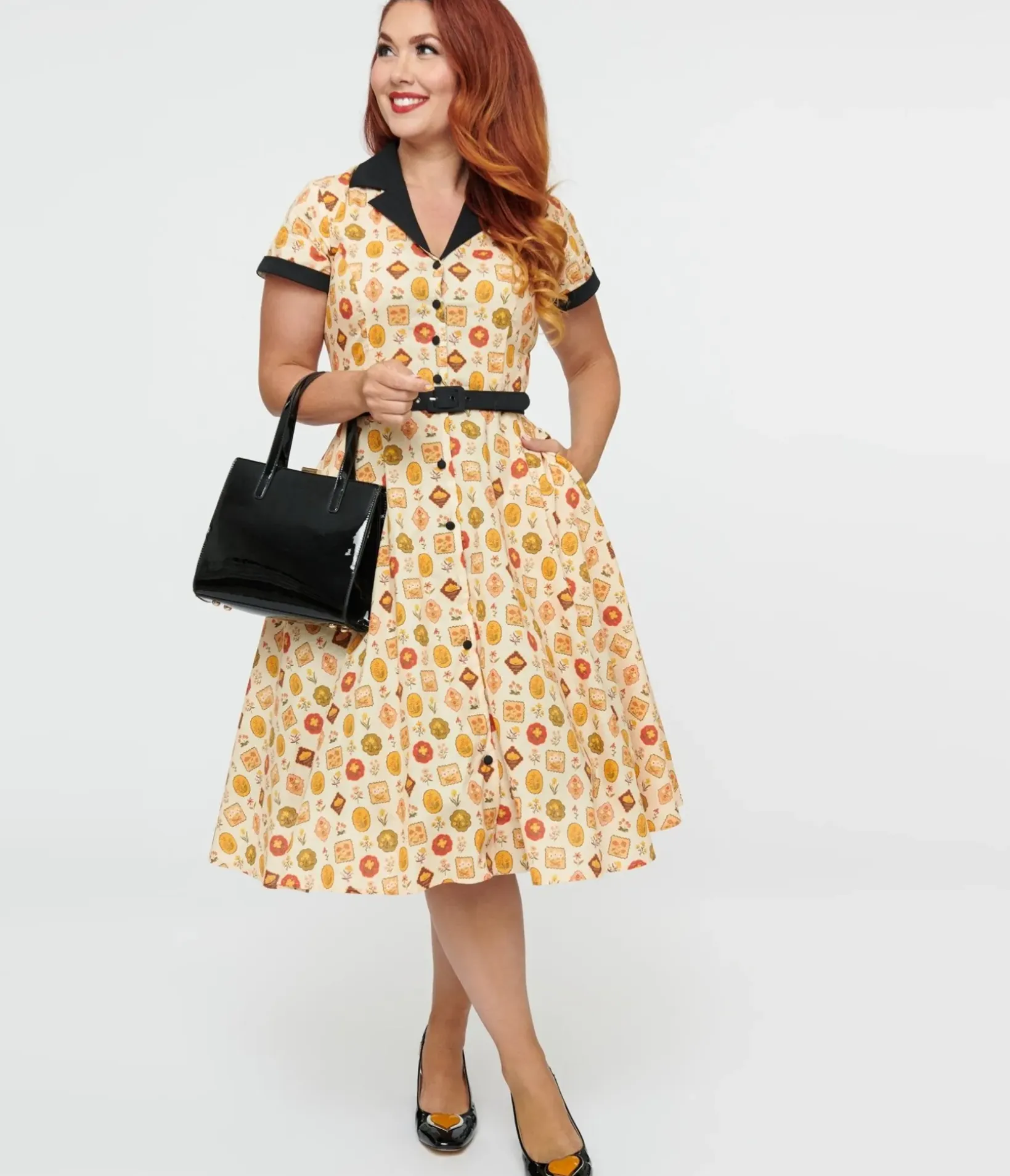 Unique Vintage Swing|Pocket Dresses>1950s Cream Floral Alexis Swing Dress
