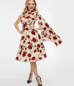 Unique Vintage Swing|Pocket Dresses>1940s Cream & Red Rose Print Sash Swing Dress