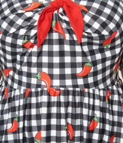 Unique Vintage Swing|Pocket Dresses>1950s Curve Black & White Chili Pepper Gingham Swing Dress
