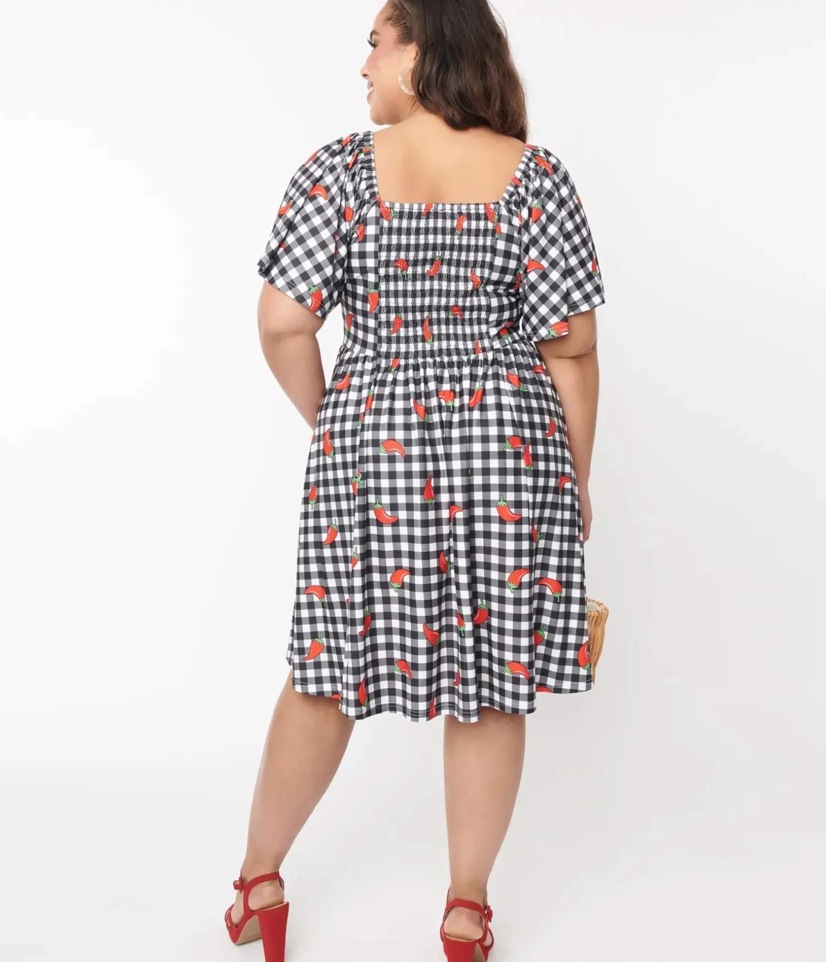 Unique Vintage Swing|Pocket Dresses>1950s Curve Black & White Chili Pepper Gingham Swing Dress