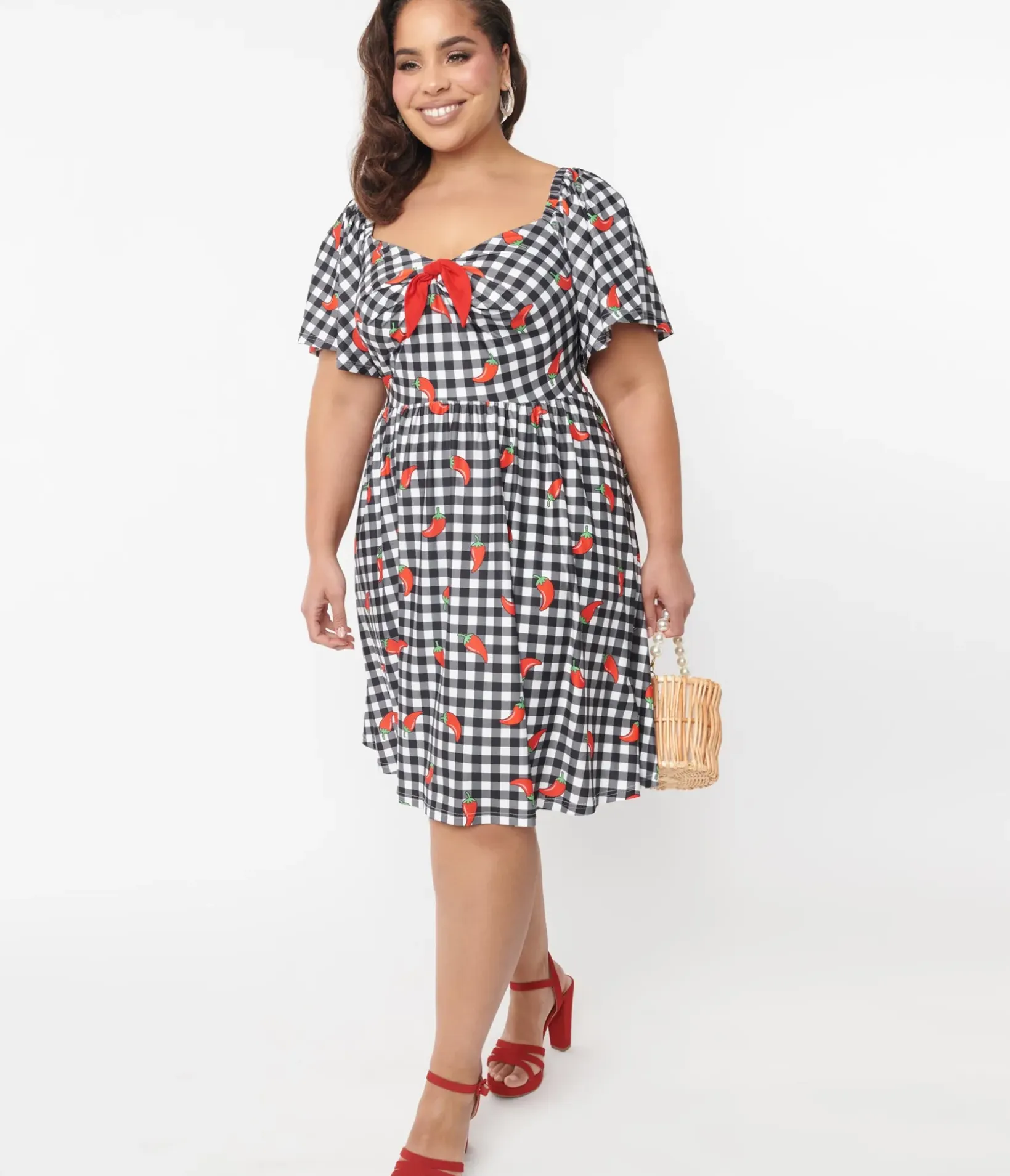 Unique Vintage Swing|Pocket Dresses>1950s Curve Black & White Chili Pepper Gingham Swing Dress