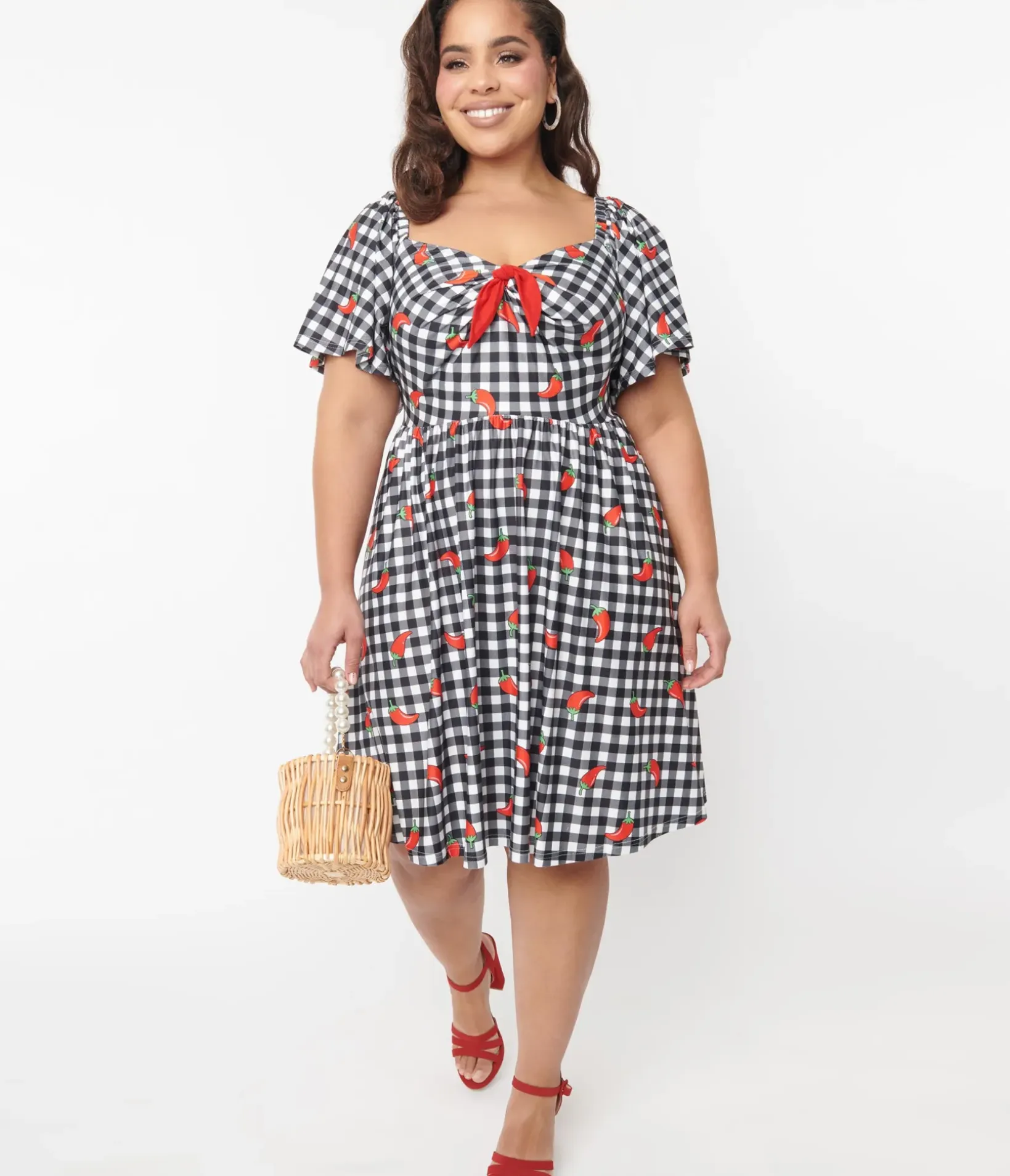 Unique Vintage Swing|Pocket Dresses>1950s Curve Black & White Chili Pepper Gingham Swing Dress