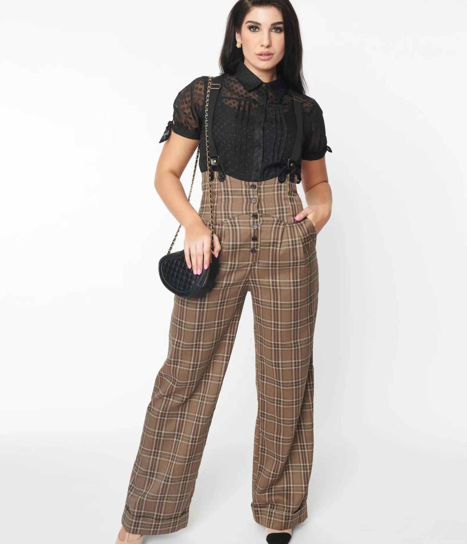 Unique Vintage Pants|Work Wear>1930s Dark Beige Windowpane Thelma Suspender Pants