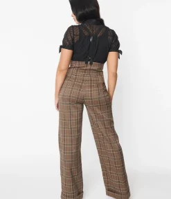 Unique Vintage Pants|Work Wear>1930s Dark Beige Windowpane Thelma Suspender Pants