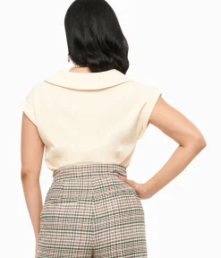 Unique Vintage Blouses|Work Wear>1960s Dark Cream Twill Sleeveless Blouse