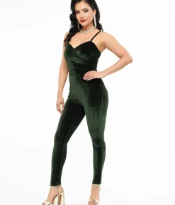 Unique Vintage Rompers & Jumpsuits>1970s Dark Green Velvet Jumpsuit
