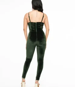 Unique Vintage Rompers & Jumpsuits>1970s Dark Green Velvet Jumpsuit