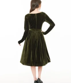 Unique Vintage Swing|Everyday Dresses>1950s Dark Olive Velvet Sweetheart Swing Dress
