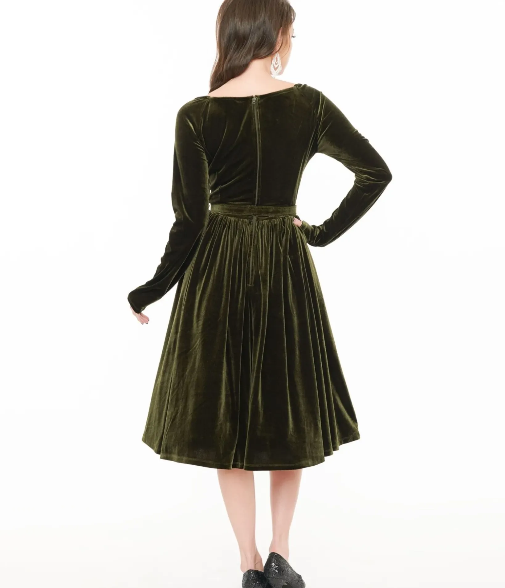 Unique Vintage Swing|Everyday Dresses>1950s Dark Olive Velvet Sweetheart Swing Dress