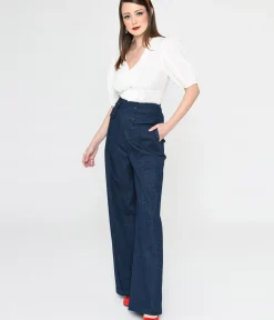 Unique Vintage Pants|Work Wear>1940s Denim High Waist Wide Leg Tab Pants