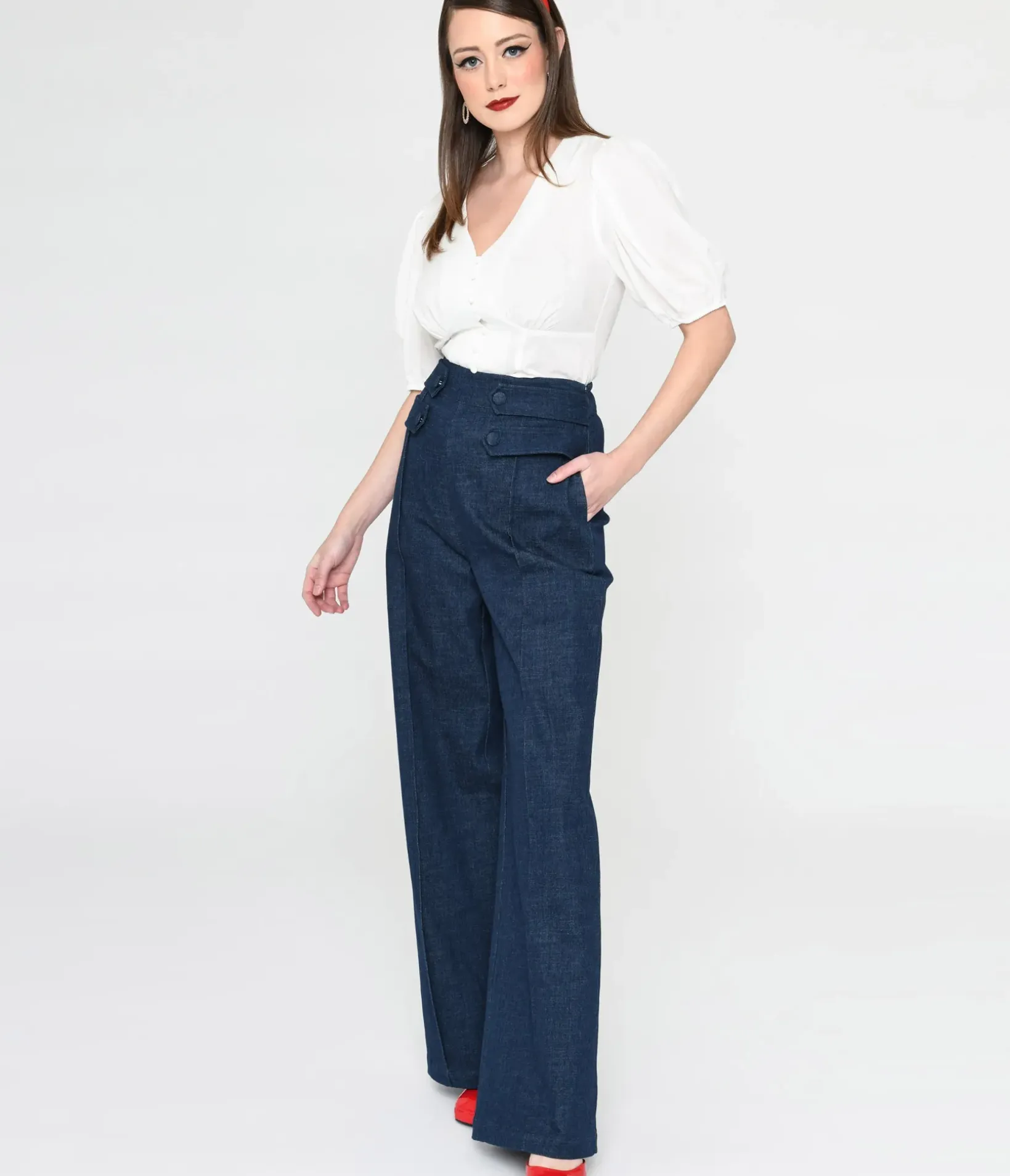 Unique Vintage Pants|Work Wear>1940s Denim High Waist Wide Leg Tab Pants