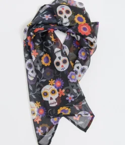 Unique Vintage Halloween|Hair Scarves>1950s Dia De Los Muertos Sugar Skull Print Hair Scarf