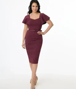 Unique Vintage Pencil|Everyday Dresses>1940s Eggplant & Pink Dot Flutter Sleeve Pencil Dress