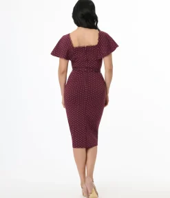 Unique Vintage Pencil|Everyday Dresses>1940s Eggplant & Pink Dot Flutter Sleeve Pencil Dress