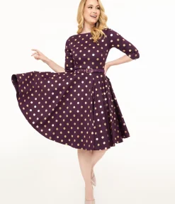 Unique Vintage Swing|Pocket Dresses>1950s Eggplant Rose Foil Polka Dot Devon Swing Dress