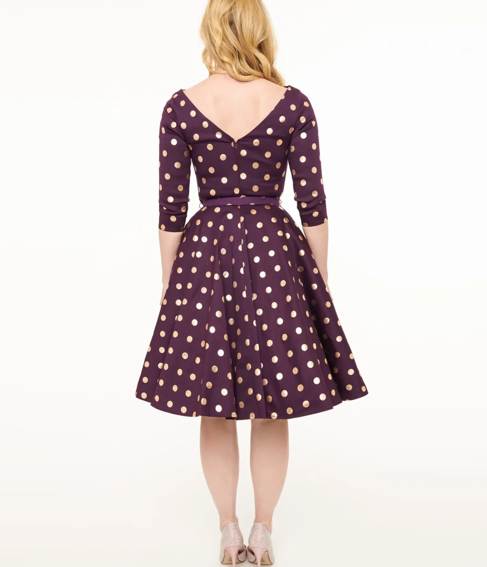 Unique Vintage Swing|Pocket Dresses>1950s Eggplant Rose Foil Polka Dot Devon Swing Dress