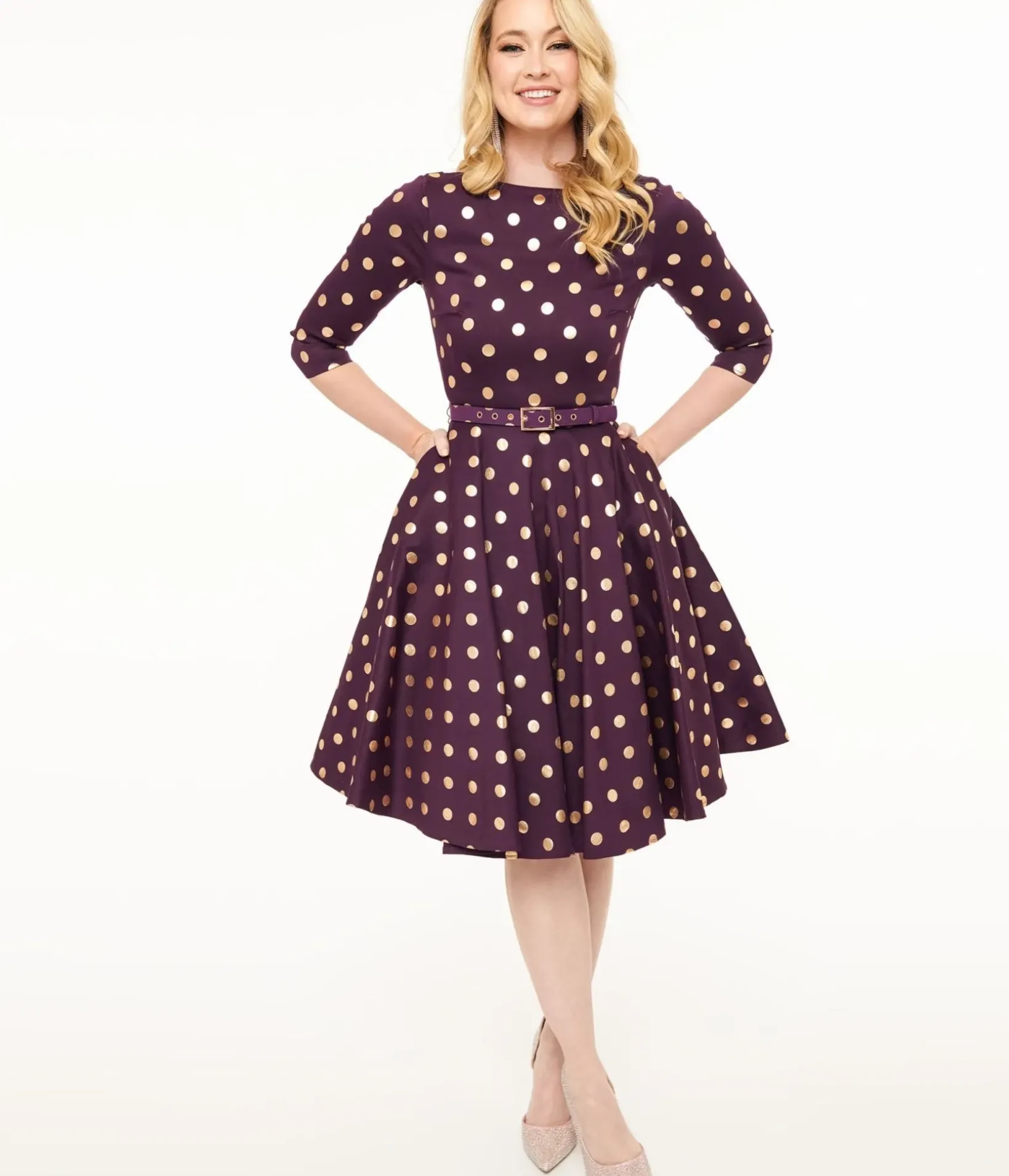 Unique Vintage Swing|Pocket Dresses>1950s Eggplant Rose Foil Polka Dot Devon Swing Dress