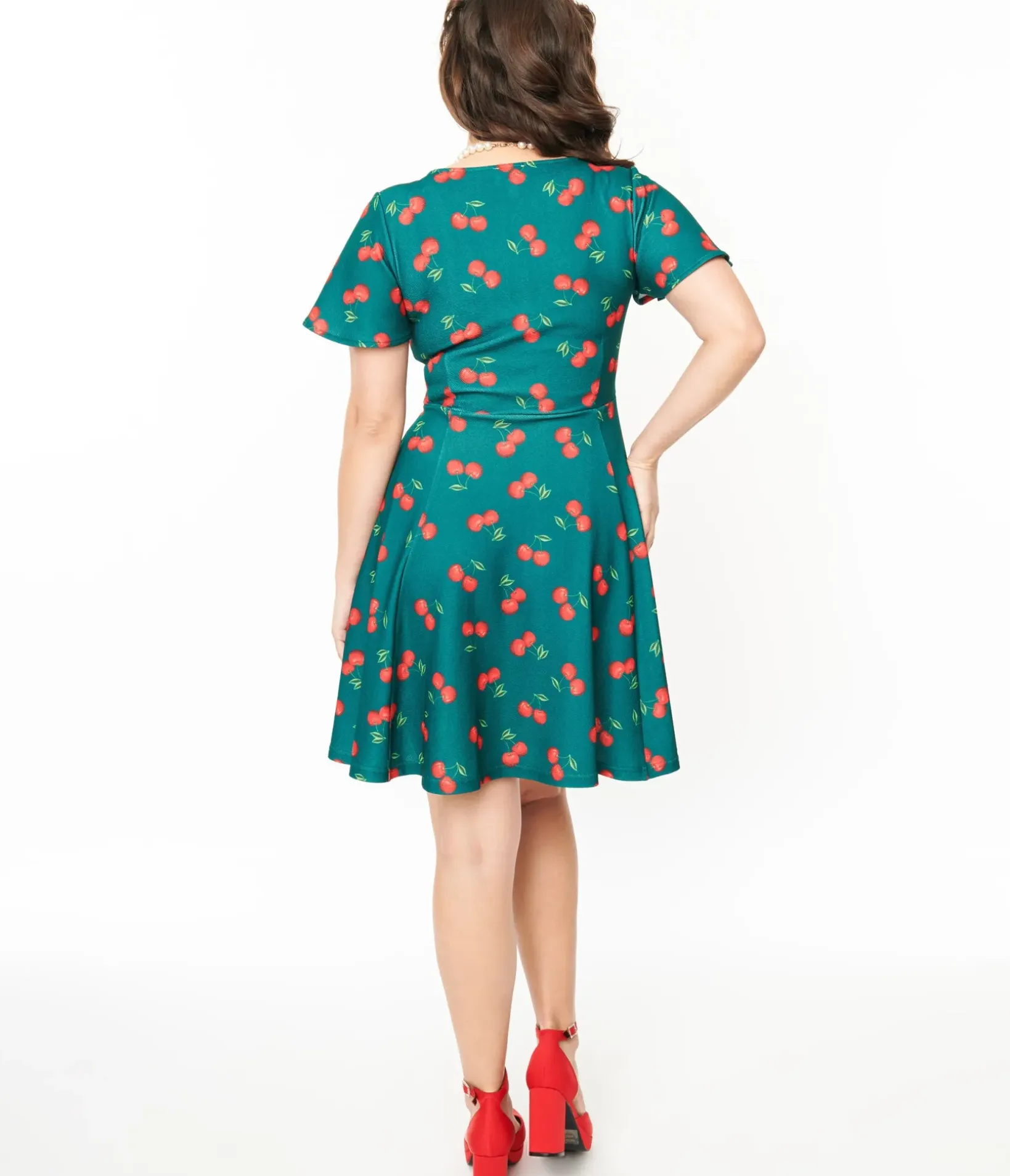 Unique Vintage Fit & Flare|Pocket Dresses>1950s Emerald & Cherry Print Poppy Flare Dress