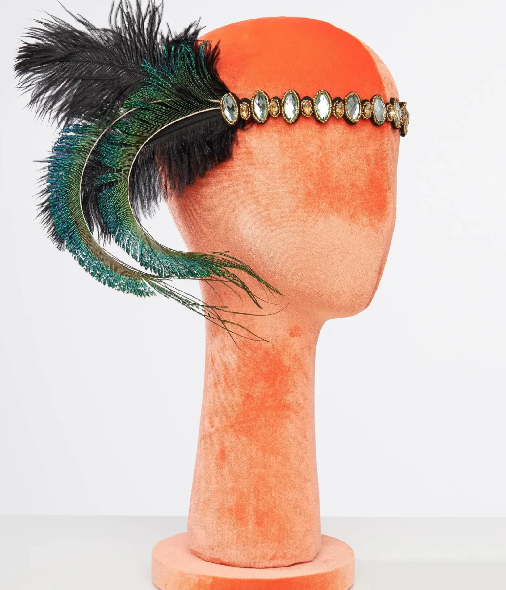 Unique Vintage Special Occasion|Flapper Accessories>1920s Emerald Feather & Silver Rhinestone Headband