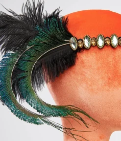Unique Vintage Special Occasion|Flapper Accessories>1920s Emerald Feather & Silver Rhinestone Headband