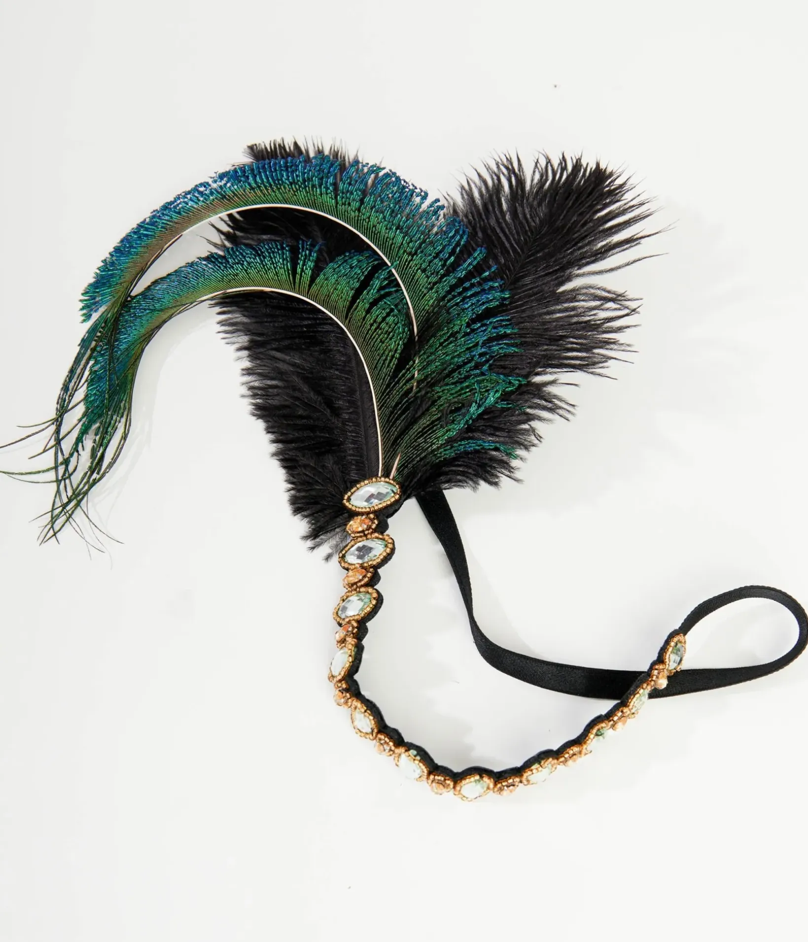 Unique Vintage Special Occasion|Flapper Accessories>1920s Emerald Feather & Silver Rhinestone Headband