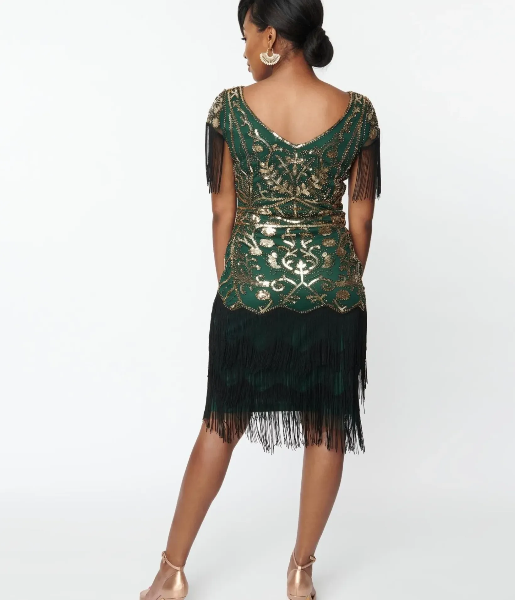 Unique Vintage Everyday Dresses|Special Occasion>1920s Emerald & Gold Sequin Fringe Flapper Dress