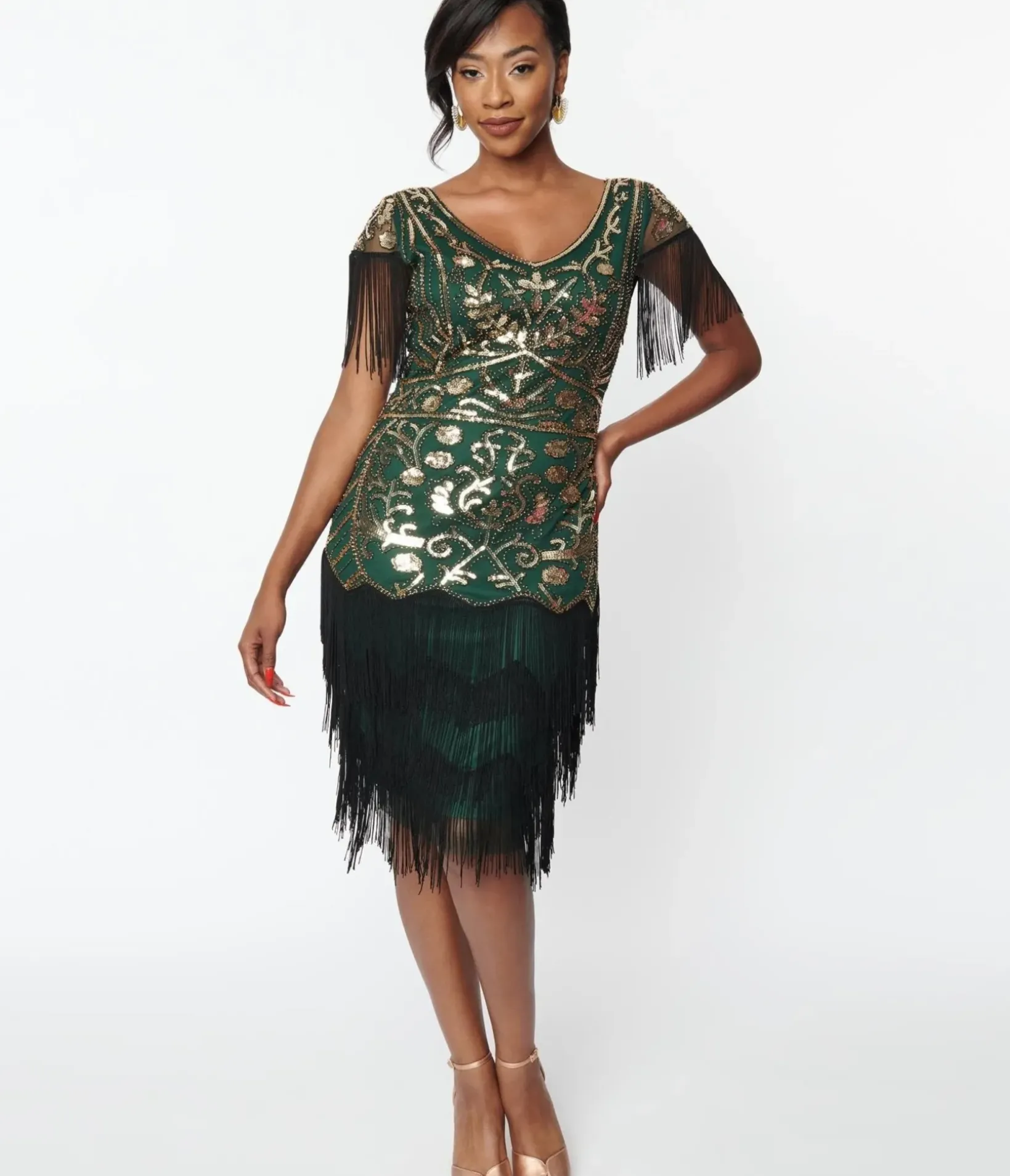 Unique Vintage Everyday Dresses|Special Occasion>1920s Emerald & Gold Sequin Fringe Flapper Dress