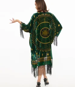 Unique Vintage Jackets|Coats & Jackets>1930s Emerald & Gold Zodiac Burnout Velvet Fringe Kimono