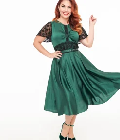 Unique Vintage Swing|Pocket Dresses>1940s Emerald Green & Black Lace Swing Dress