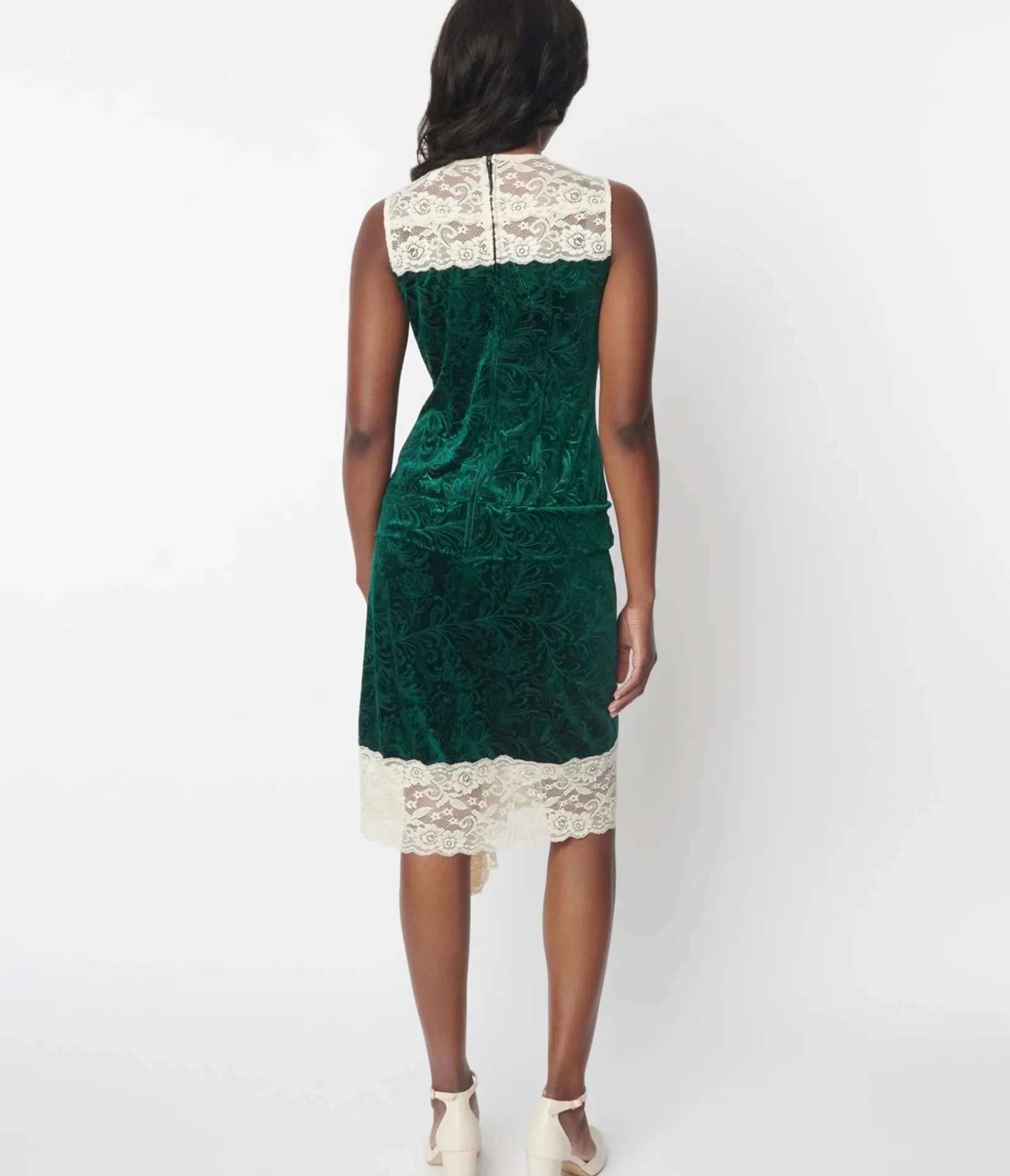 Unique Vintage Everyday Dresses|Special Occasion>1920s Emerald Green Crushed Velvet & Ivory Lace Flapper Dress