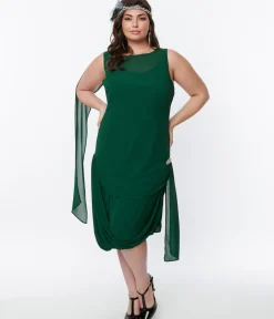 Unique Vintage Everyday Dresses|Special Occasion>1920s Emerald Green Draped Flapper Dress