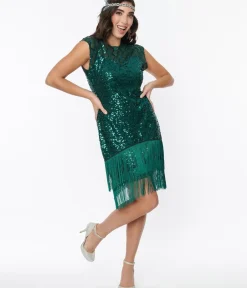 Unique Vintage Everyday Dresses|Special Occasion>1920s Emerald Green Sequin Del Mar Flapper Dress