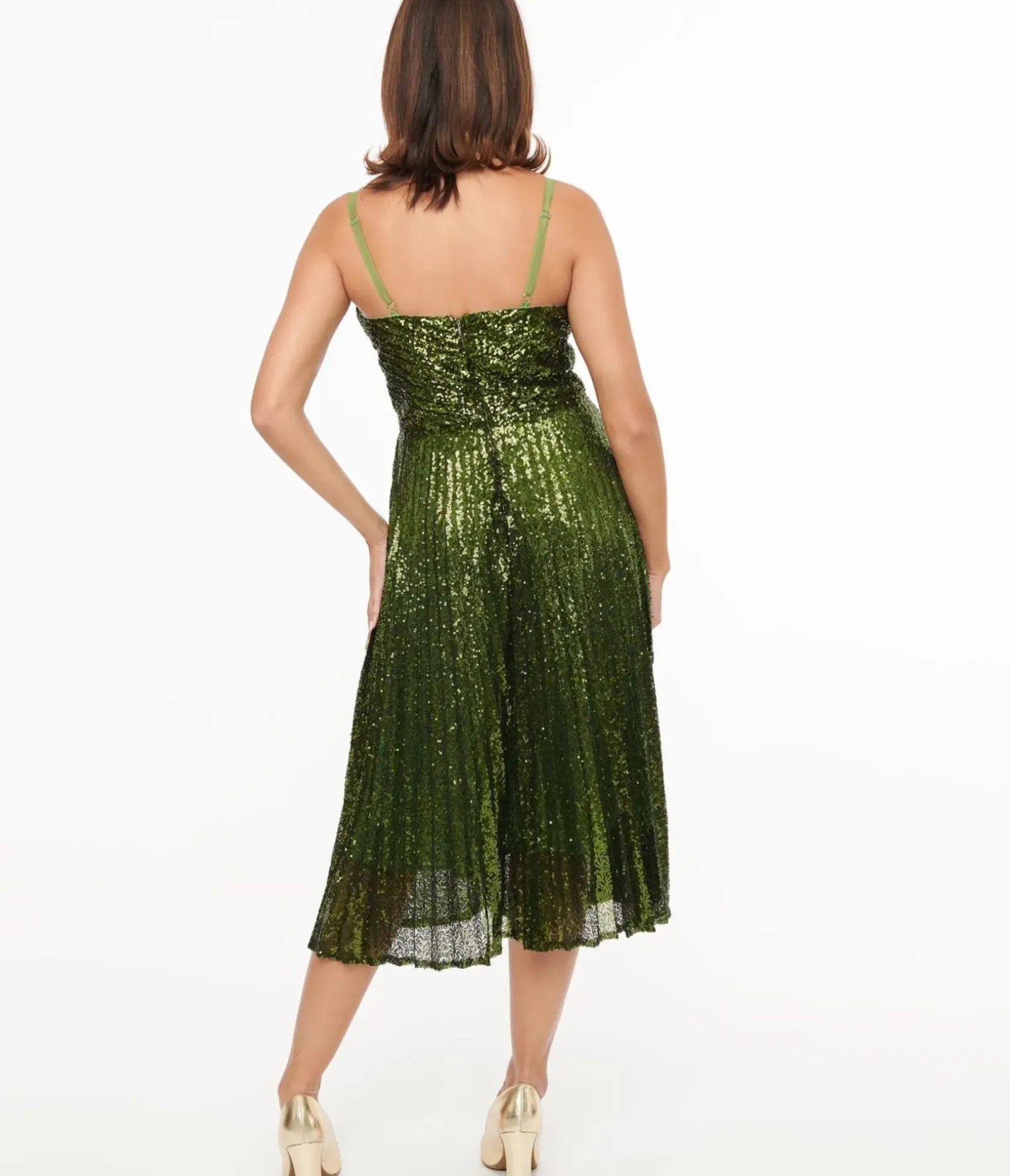 Unique Vintage Swing|Everyday Dresses>1950s Emerald Pleated Sequin Swing Dress