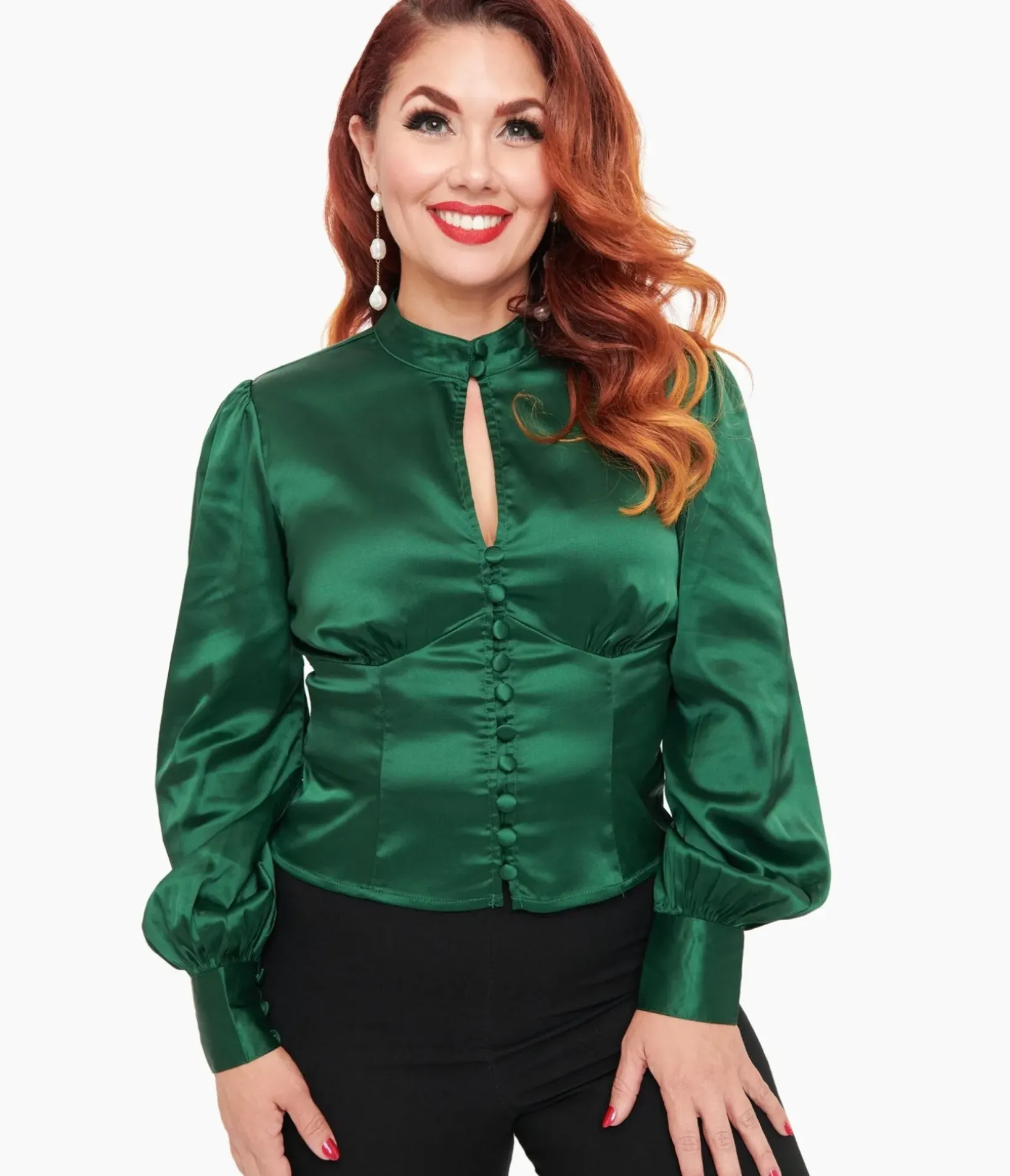 Unique Vintage Blouses|Work Wear>1970s Emerald Satin Keyhole Button Waist Blouse