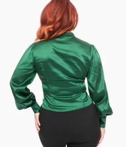 Unique Vintage Blouses|Work Wear>1970s Emerald Satin Keyhole Button Waist Blouse