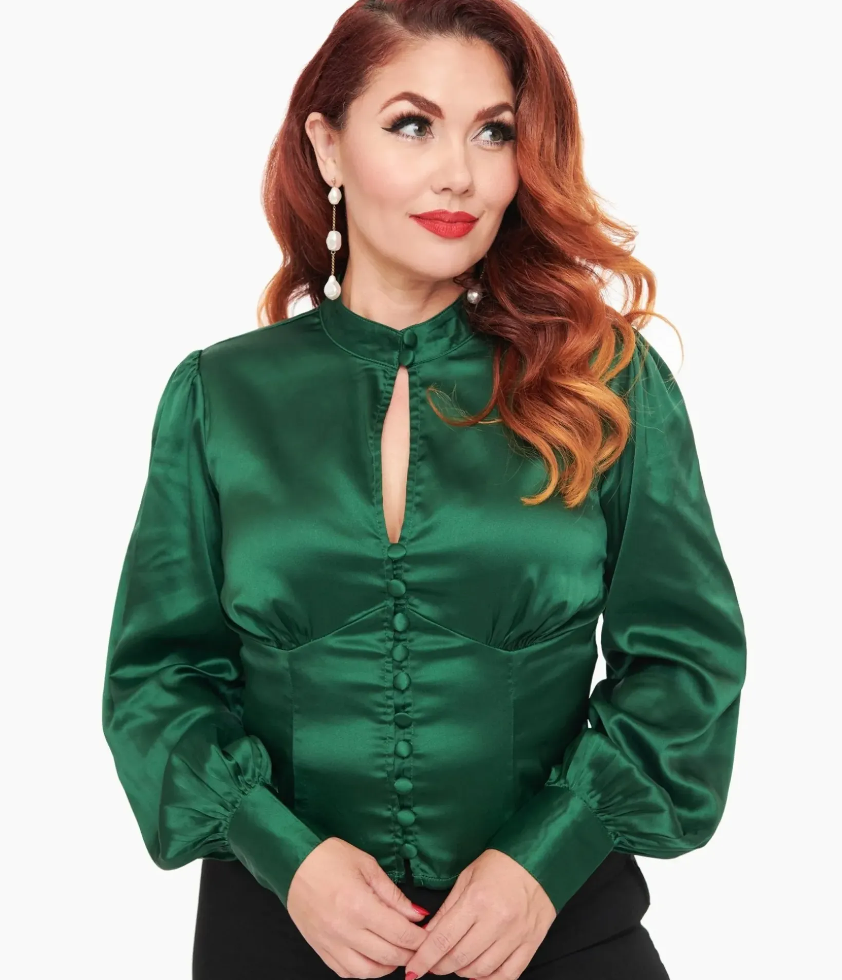 Unique Vintage Blouses|Work Wear>1970s Emerald Satin Keyhole Button Waist Blouse