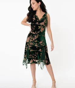 Unique Vintage Special Occasion|Bridesmaid Dresses>1920s Emerald Velvet Floral Burnout Hemingway Flapper Dress