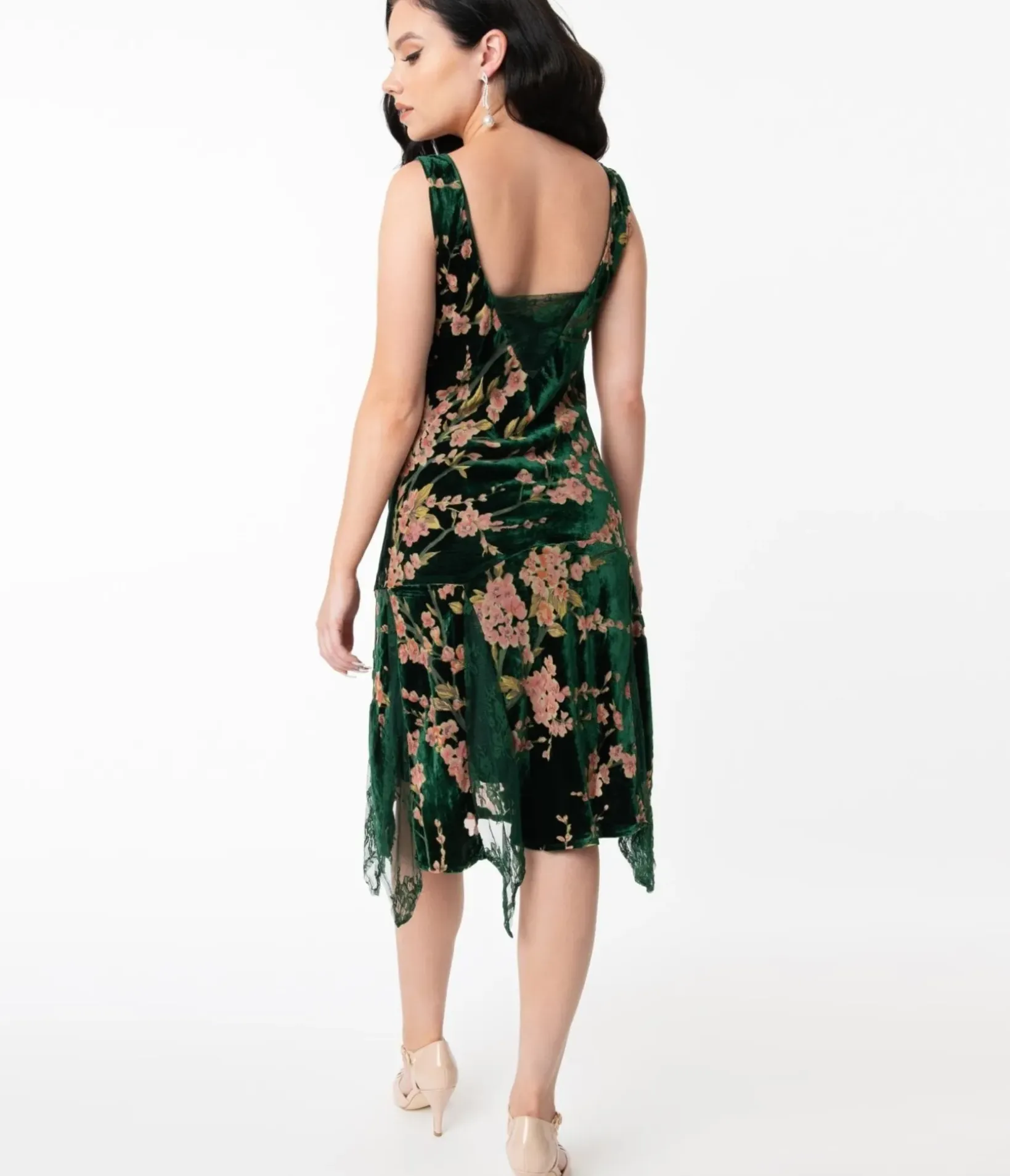 Unique Vintage Special Occasion|Bridesmaid Dresses>1920s Emerald Velvet Floral Burnout Hemingway Flapper Dress