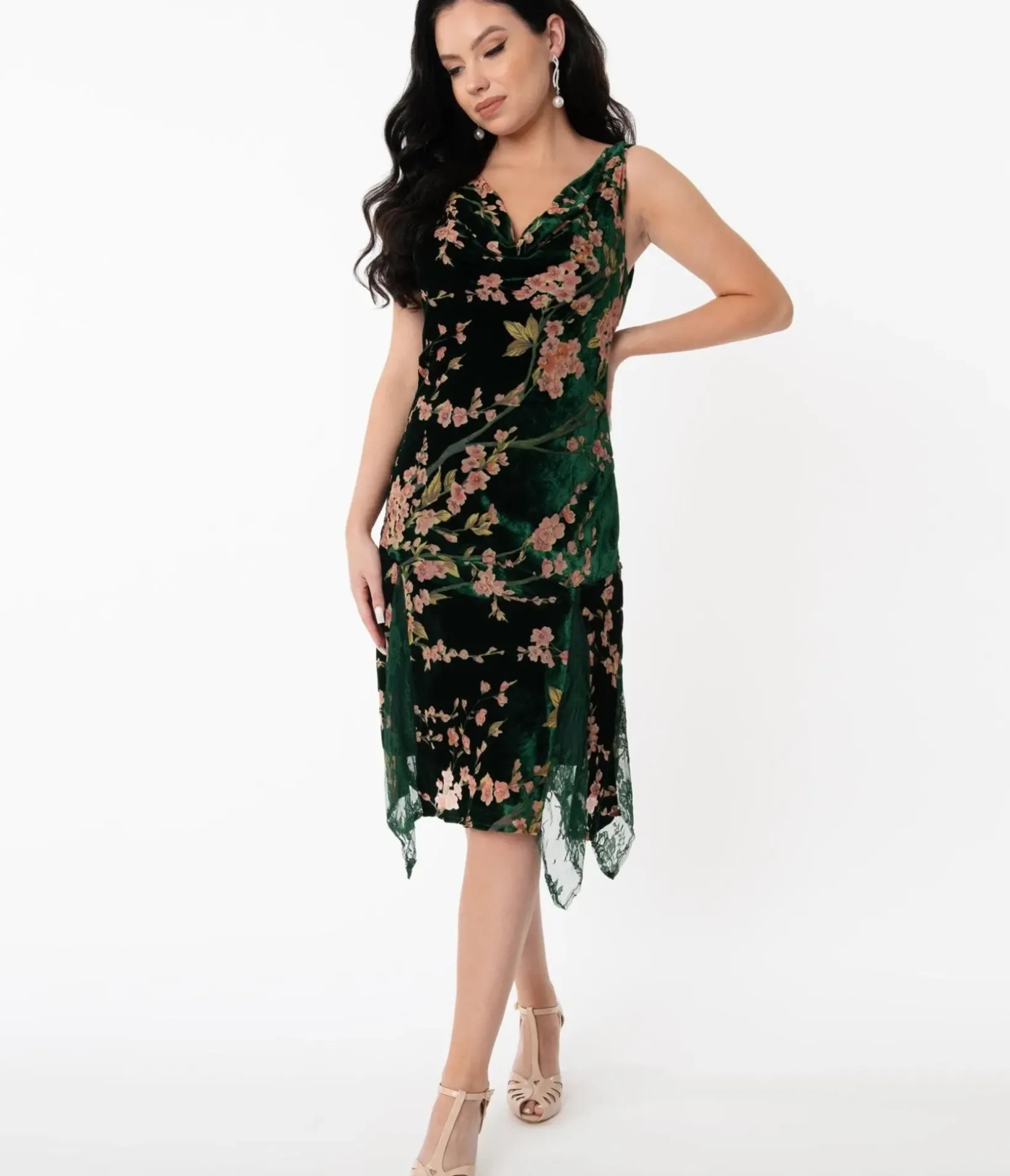 Unique Vintage Special Occasion|Bridesmaid Dresses>1920s Emerald Velvet Floral Burnout Hemingway Flapper Dress