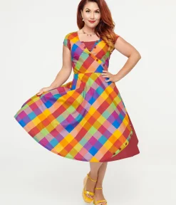 Unique Vintage Swing|Everyday Dresses>1950s Fall Madras Plaid Swing Dress