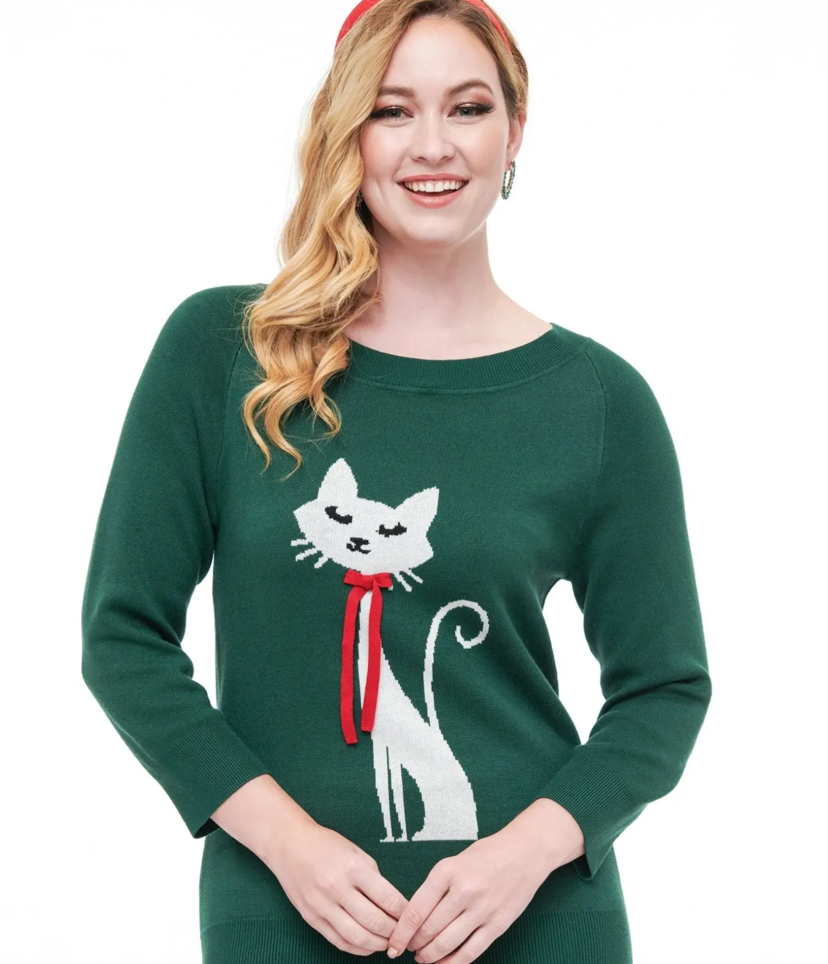 Unique Vintage Sweaters & Cardigans>1960s Forest Green & Cream Cat Lorelai Sweater