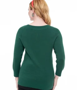Unique Vintage Sweaters & Cardigans>1960s Forest Green & Cream Cat Lorelai Sweater