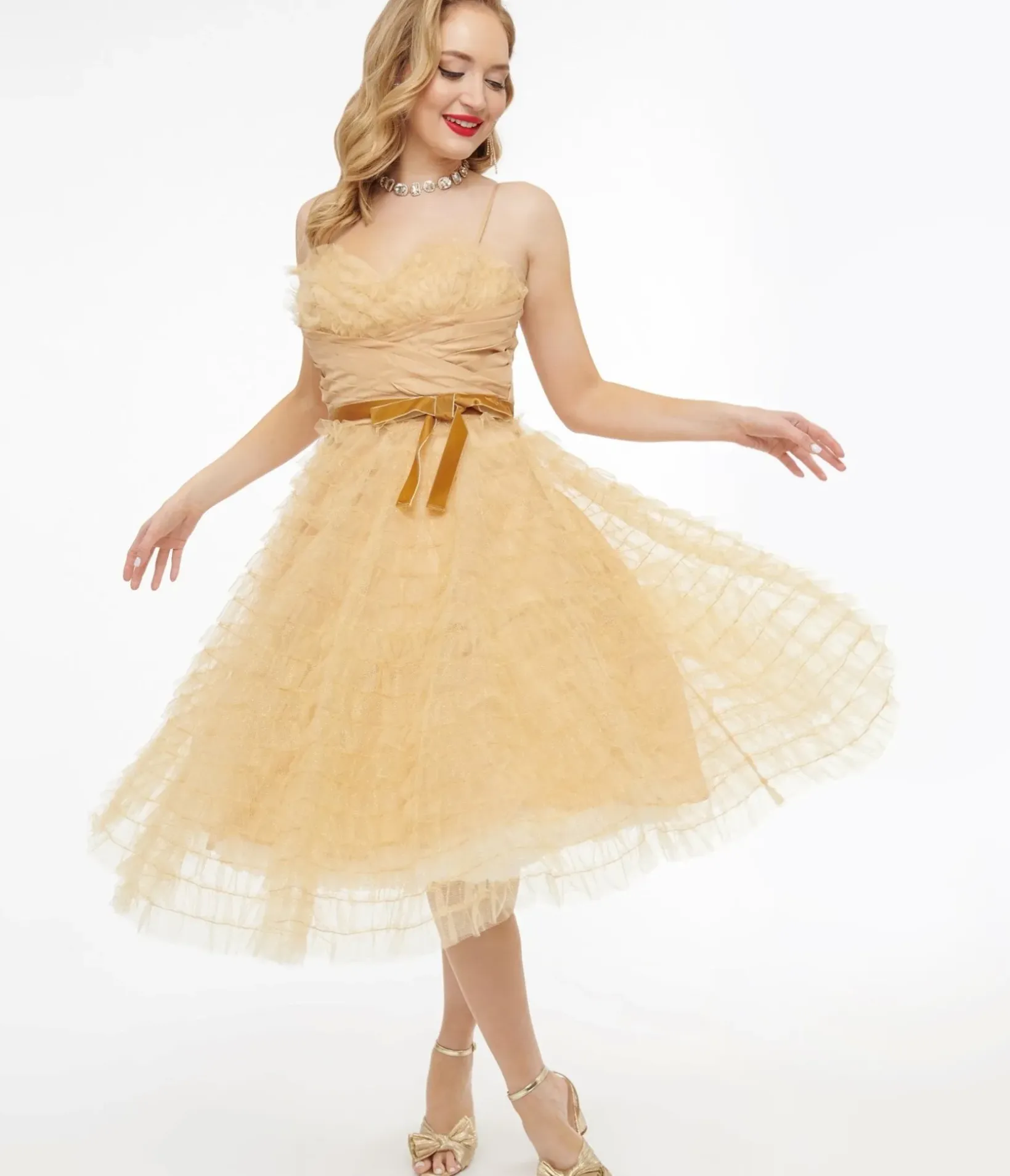 Unique Vintage Swing|Everyday Dresses>1950s Gold Glitter Tulle Cupcake Swing Dress