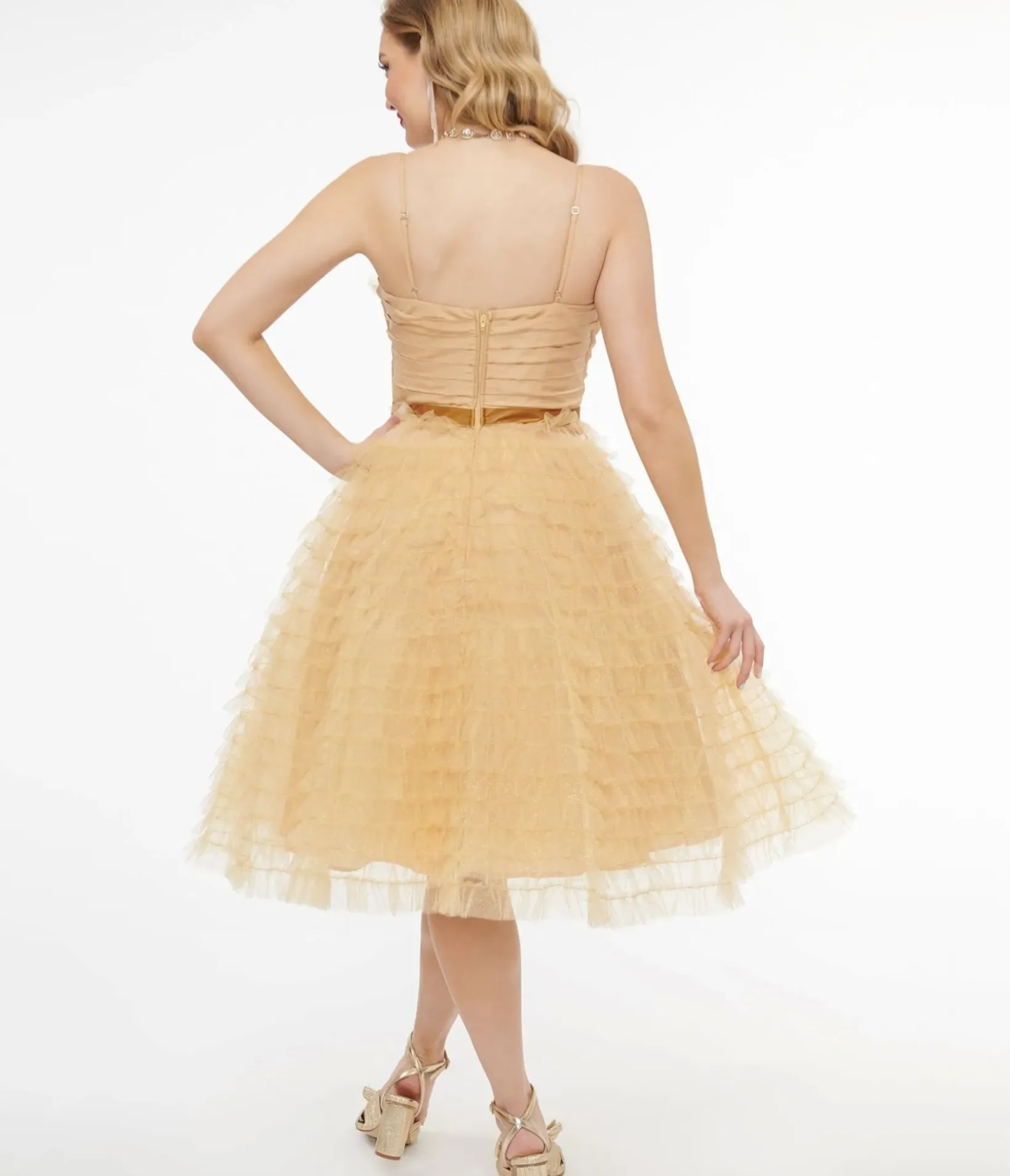 Unique Vintage Swing|Everyday Dresses>1950s Gold Glitter Tulle Cupcake Swing Dress