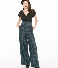 Unique Vintage Pants|Work Wear>1940s Green & Black Plaid High Waist Pants